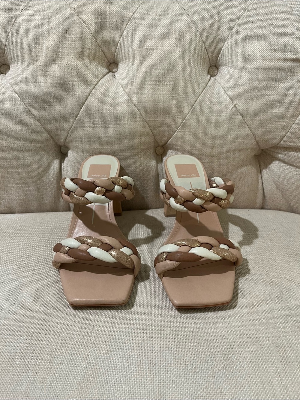 Dolce Vita Braided Double-Strap Block Heel Sandals - Beige/White/Tan